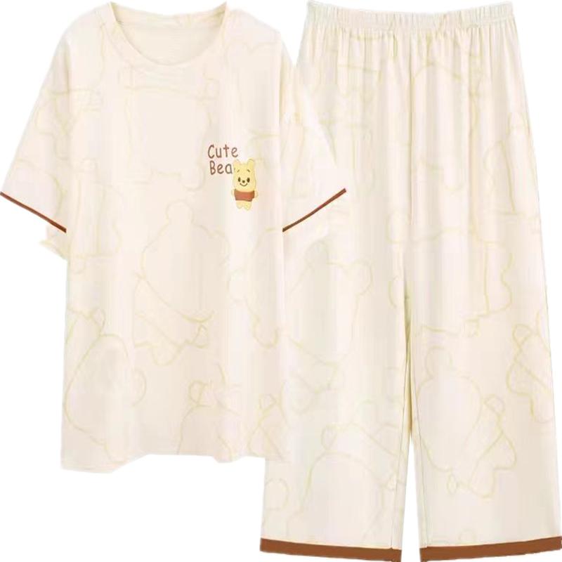 睡衣女款春夏季可爱薄款短袖七分裤带胸垫两件套装学生宽松家居服