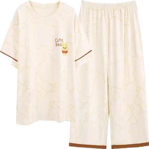 睡衣女款春夏季可爱薄款短袖七分裤带胸垫两件套装学生宽松家居服