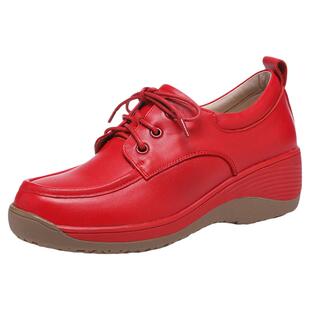 大红色女鞋真皮软底单鞋女春季2026新款妈妈鞋子厚底坡跟休闲皮鞋