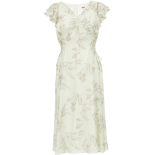 ONLY夏季法式碎花荷叶飞袖V领系带修身中长裙连衣裙女