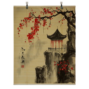 印花竹帘免打孔卷帘粘钩挂帘遮阳防晒窗帘饭店茶室门帘挂画隔断帘