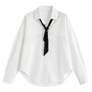 2026春装新款带丝巾白衬衫女长袖宽松休闲时尚上衣设计感纯棉衬衣