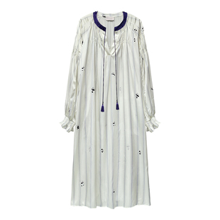 李兰迪同款』桑罗真丝熊猫连衣裙长袖睡裙条纹印花睡衣女秋家居服