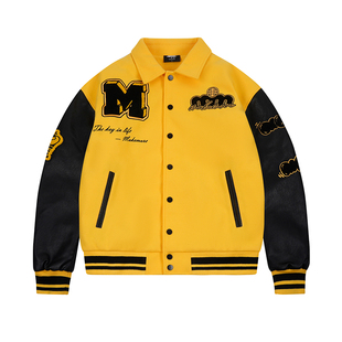 Makemore棒球服男春季新款黄色美式高级流行棉服翻领夹克外套女