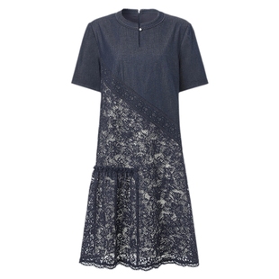 VGRASS维格娜丝春新款蕾丝绣花玛丽官轻牛仔连衣裙斜纹拼接长裙女