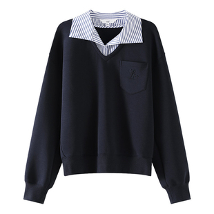 OSA欧莎卫衣女款2026新款春装条纹拼接翻领宽松假两件设计感上衣