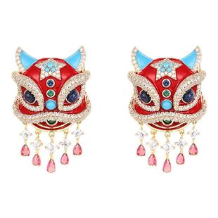 新中式醒狮耳钉时尚精致国风流苏吊坠耳环小众设计高级感气质耳饰