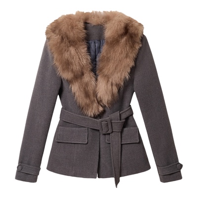 AZZHEN【暮霜叙旧】大翻领收腰深V可拆卸环保毛显瘦气质外套女