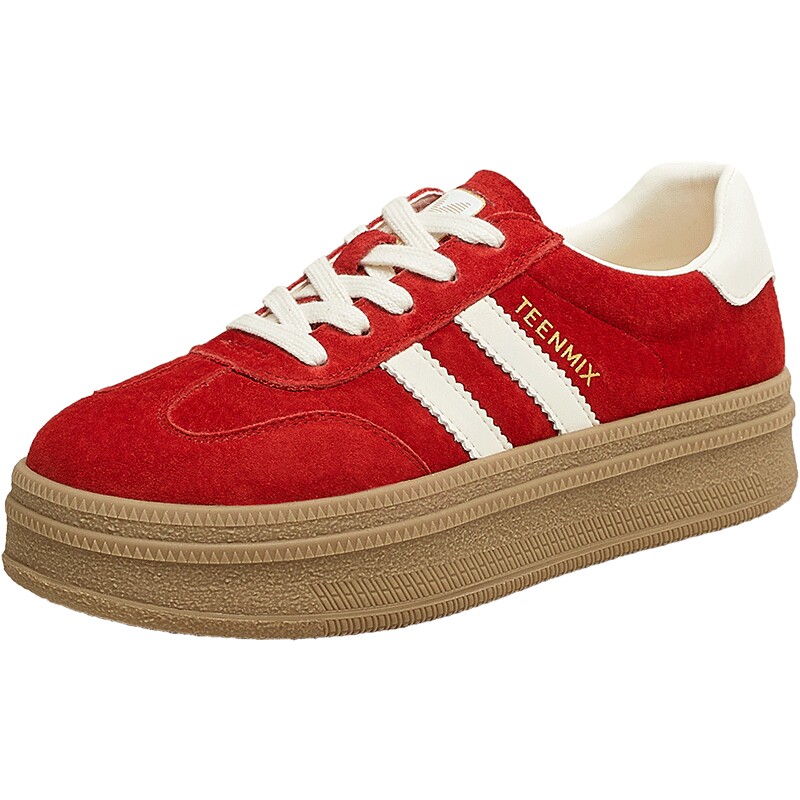 天美意彩虹蛋糕厚底增高红色阿甘德训鞋女秋新款网面透气运动板鞋