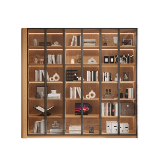 橡木定制书柜圆弧玻璃门定制整墙一体到顶书架去客厅化实木展示柜