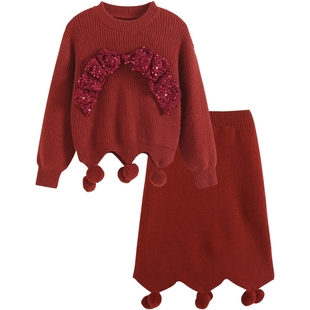 女童红色连衣裙儿童冬装套装裙2026新款拜年服毛衣新年衣服两件套