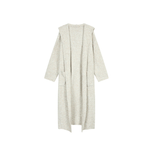 NEVA HU 丹麦图鉴 杏色长款连帽针织开衫女慵懒气质休闲毛衣外套