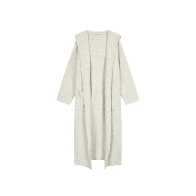 NEVA HU 丹麦图鉴 杏色长款连帽针织开衫女慵懒气质休闲毛衣外套