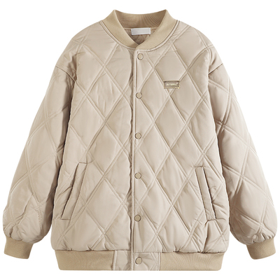 慕兔加厚圆领菱格棒球外套