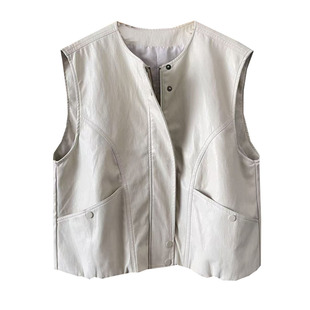 26春季新款酷帅圆领工装皮衣马甲大口袋无袖柔软pu皮上衣外套女