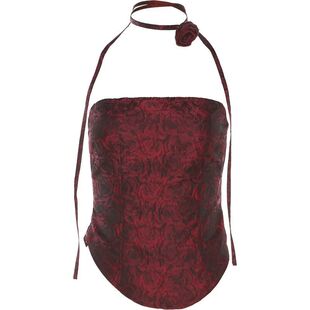 复古玫瑰印花抹胸上衣性感辣妹高级感红色外穿无肩带短款小背心女