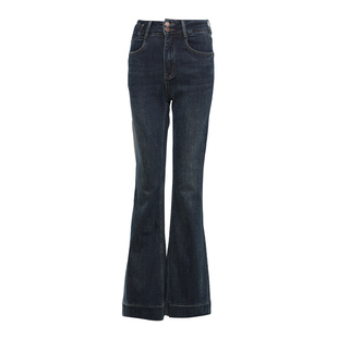 DPLAY2025秋季气质休闲撞色水洗加绒牛仔裤微喇裤喇叭裤长裤女