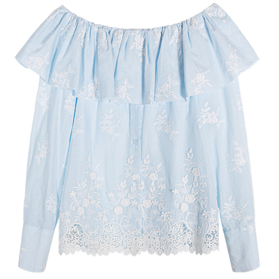 今屿花花一字肩刺绣衬衫女