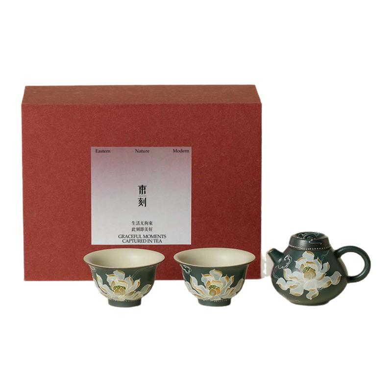 束刻手绘墨莲功夫茶具套装陶瓷一壶二杯高颜值茶壶茶杯套装伴手礼