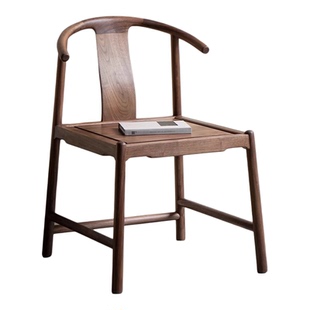 新中式黑胡桃木实木椅子餐椅牛角椅靠背椅化妆椅简约家用圈椅木椅