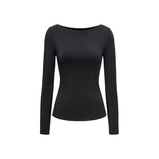 【新品】美力城长袖船领黑色打底衣女2025冬装修身黑色长袖内搭