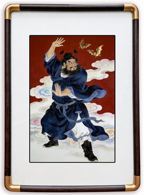 四九艺社 景德镇新中式钟馗陶瓷板画 红底描金双蝠引福玄关装饰画