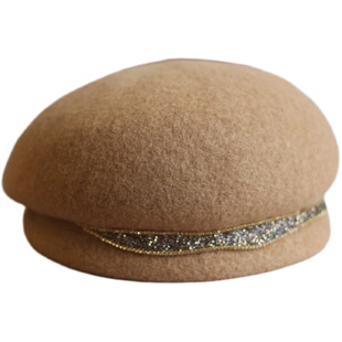 日本ca4澳洲羊毛贝雷帽子女秋冬保暖画家帽优雅水钻条空姐帽出游
