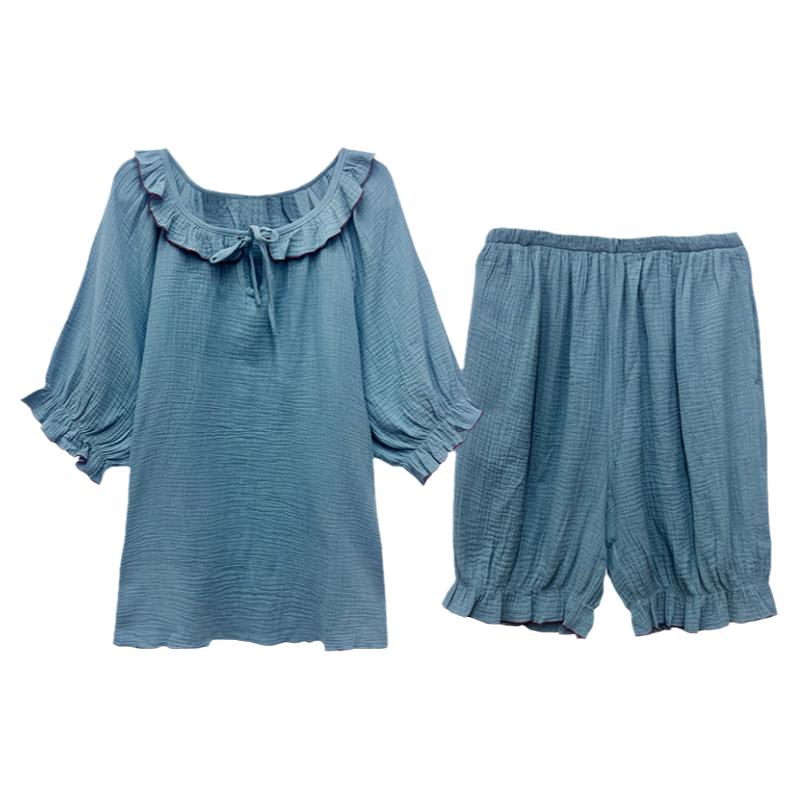 女纯棉纱布木耳边家居服睡衣