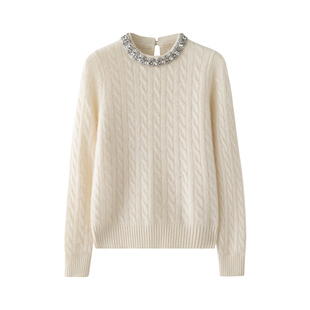高级感镶钻山羊绒衫女2025秋冬新款圆领加厚麻花套头打底针织毛衣