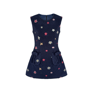 Narratorgirls藏蓝色奶黄色刺绣花朵收腰显瘦毛呢背心裙可爱复古