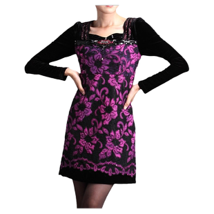 古贝莎台湾品牌女装秋装新款气质秋冬长袖金丝绒连衣裙女