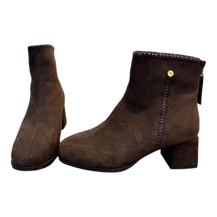 欧洲站韩版麂皮短靴女2025年冬季新款粗跟圆头瘦瘦靴女百搭时装靴