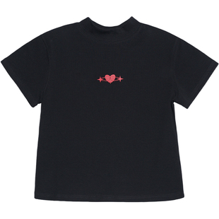 STILLYOU复古百搭爱心印花半高领正肩辣妹短袖T恤女修身短款上衣