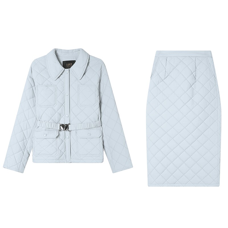 白鹿语优雅菱格绗棉两件套秋冬翻领腰带收腰棉服半身裙女式套装