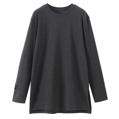 韩系秋冬简约女T恤中长款大版长袖开叉显瘦设计外穿叠穿薄绒上衣