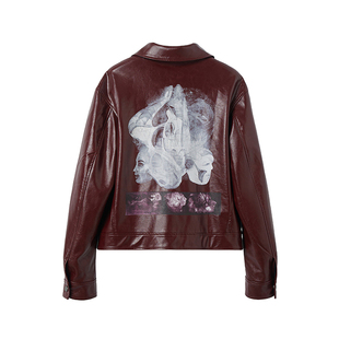 Dream Band AW2024秋冬季翻领印花夹克短款外套机车复古pu皮夹克