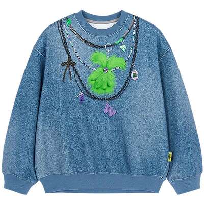 [软丹宁]woobaby儿童仿牛仔远红外发热抗菌加绒秋冬套头卫衣