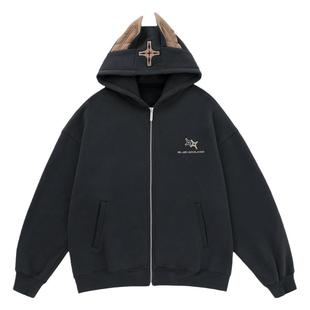 BJHG不计后果杜宾连帽卫衣外套男冬季美式加绒开衫潮牌重磅夹克女