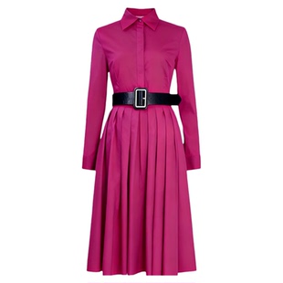 刘亦菲明星同款玫红色长袖衬衫连衣裙春秋新款高级感绝美长裙礼服