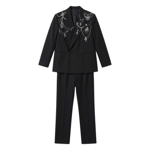 龚俊明星同款手工链条黑色西服外套枪驳领双排扣男士正装西服外套