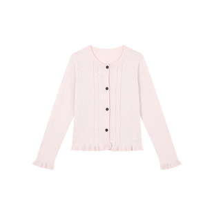 姜雯 百搭直筒木耳边毛衣开衫女秋季粉色桑蚕丝温柔气质针织上衣