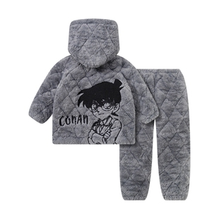 冬季亲子睡衣一家三口三层夹棉母女装加绒加厚珊瑚绒连帽四口套装