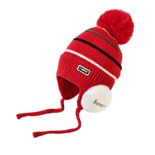 宝宝帽子冬季保暖可爱毛球针织护耳帽男童防风防寒女童毛线帽新款