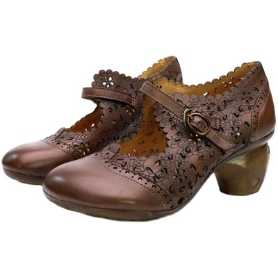 脱毒罂粟牛皮镂空包头一字带粗跟