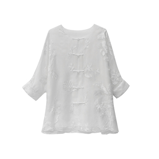 JKJS【白茶清欢】欧根纱刺绣国风上衣新中式衬衫宽松遮肚古风小衫