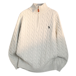 男士半拉链毛衣男冬季刺绣打底衫内搭上衣新款白色麻花针织衫男款