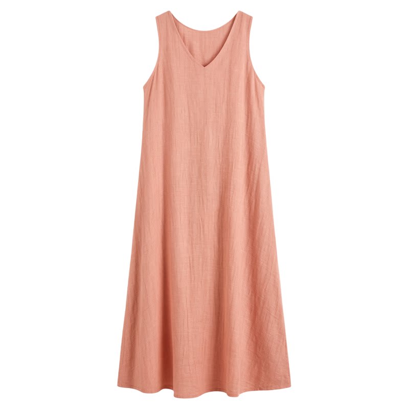 Cotton and linen V-neck fashionable dress棉麻色V领时尚连衣裙