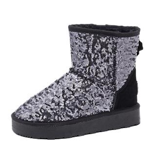 4寸珠片加绒隐形短筒真皮女靴 5寸亮片内增高厚底牛皮雪地靴女7cm