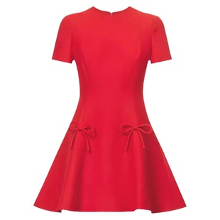 杨紫同款红色小香风蝴蝶结显瘦连衣裙女减龄高腰a字鱼尾礼服短裙