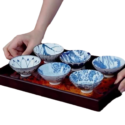 青花满绘品茗主人杯六只装陶瓷复古斗笠功夫茶杯家用酒杯茶碗茶盏